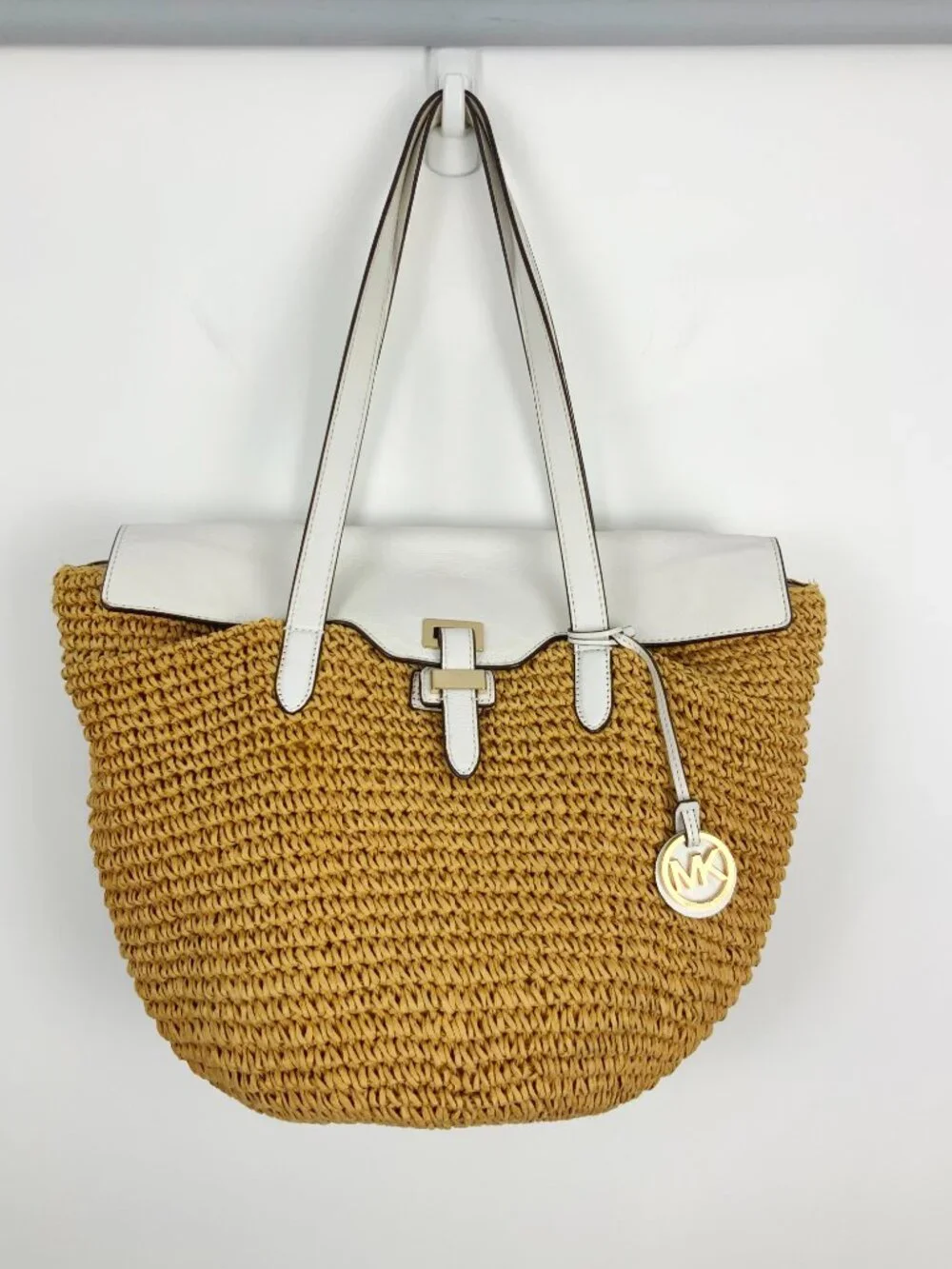 Michael Kors Naomi Straw Raffia Tote Bag White Leather Trim Vacation Summer